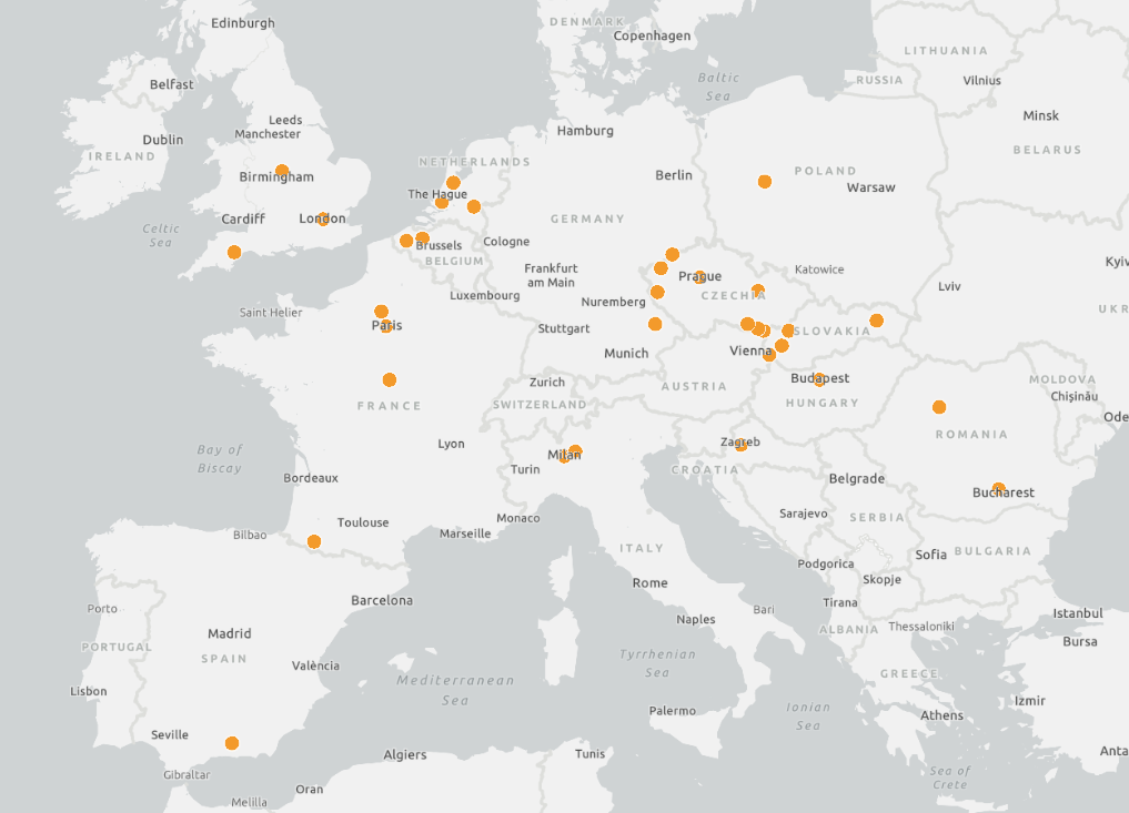 Map of Europe with 33 project locations
